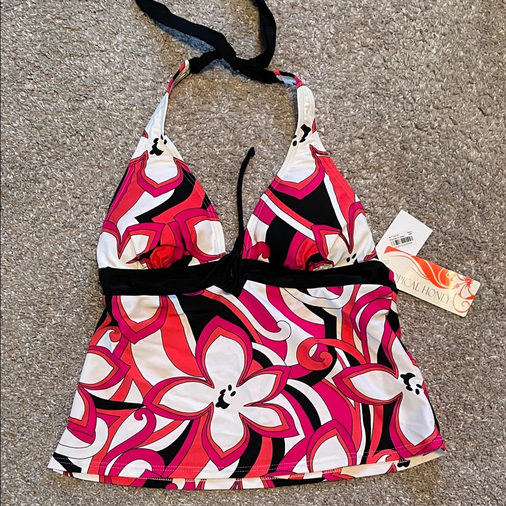 Tropical Honey Pink and Black Floral Tankini, Size 10